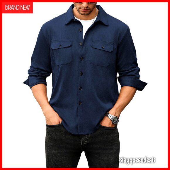 Men's Lightweight Faux Suede Shirt Jacket Button Down Long Sleeve